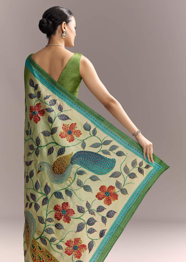 Green Cotton Saree With Hand Painted Motifs And Blue Border