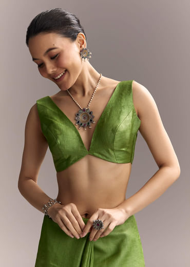 Green Cotton Saree With Hand Painted Motifs And Blue Border