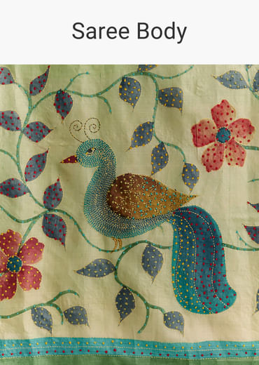 Green Cotton Saree With Hand Painted Motifs And Blue Border