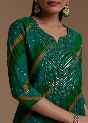 Green Cotton Silk Kurta Set with Foil Mirrors