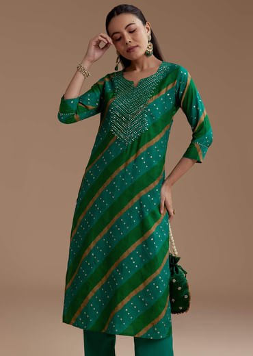 Green Cotton Silk Kurta Set with Foil Mirrors
