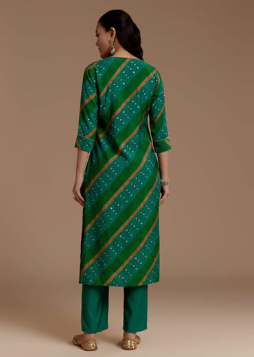 Green Cotton Silk Kurta Set with Foil Mirrors