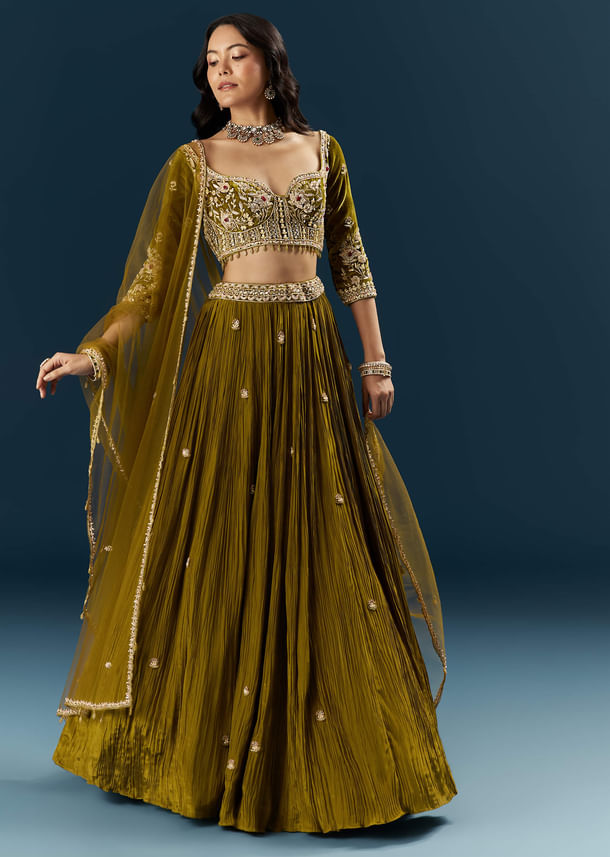 Green Crepe Bridal Lehenga With Cutdana Embroidery