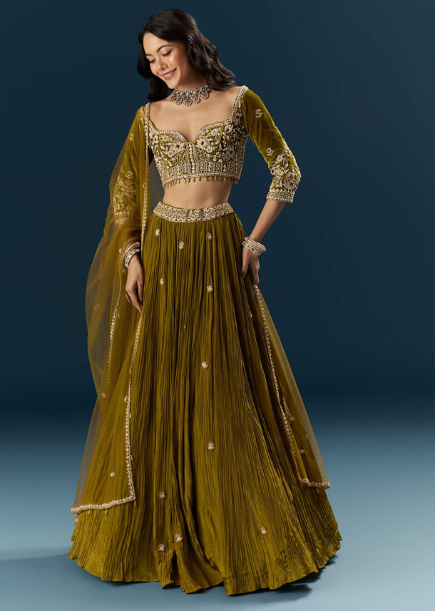 Green Crepe Bridal Lehenga With Cutdana Embroidery
