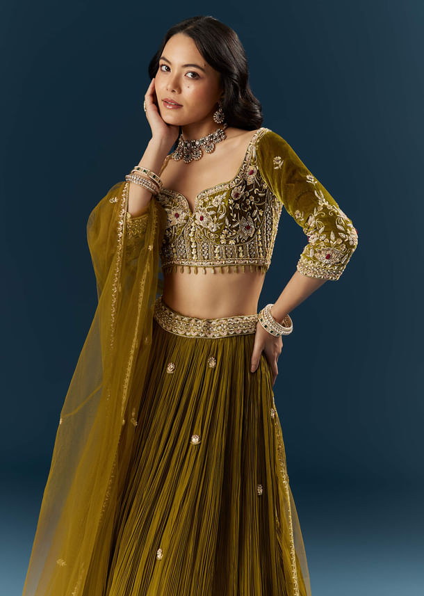 Green Crepe Bridal Lehenga With Cutdana Embroidery