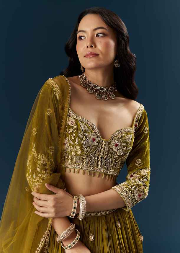 Green Crepe Bridal Lehenga With Cutdana Embroidery