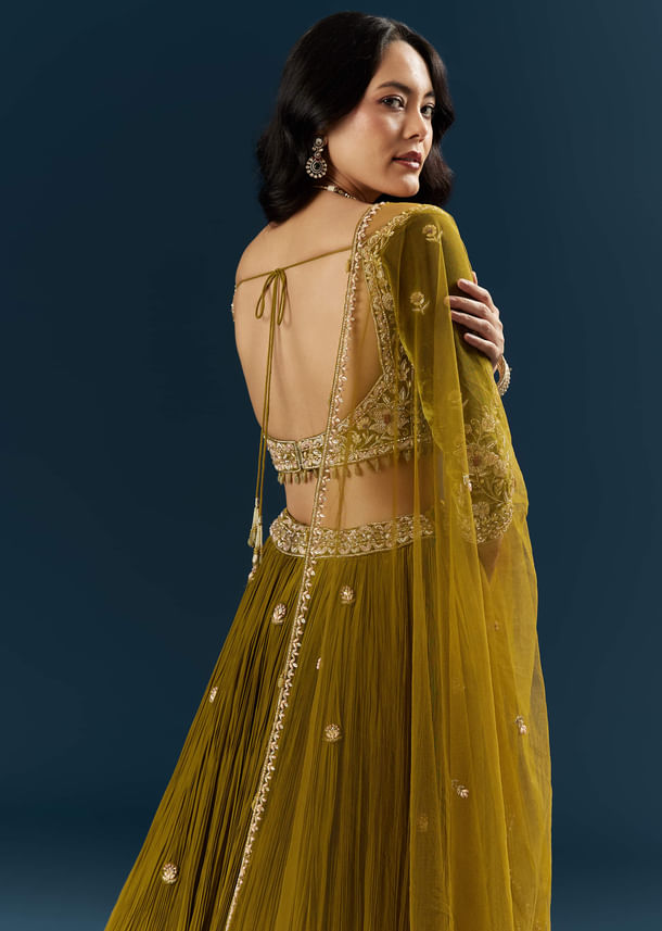 Green Crepe Bridal Lehenga With Cutdana Embroidery