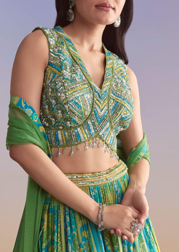 Green Crepe Printed Bridesmaid Lehenga With Embroidered Blouse