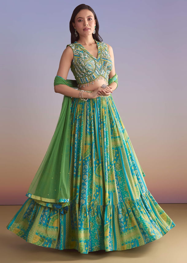 Green Crepe Printed Bridesmaid Lehenga With Embroidered Blouse
