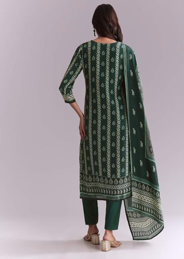 Green Crepe Kurta Set With Indie Print And Moti Detail
