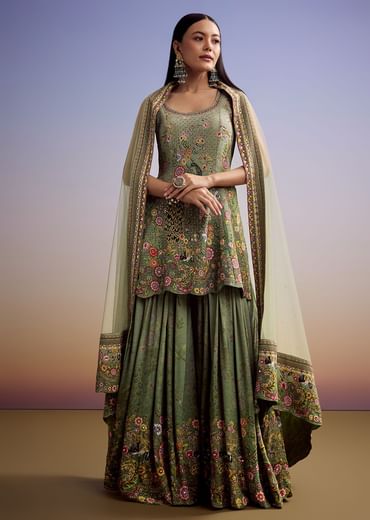 Green Crepe Palazzo Suit With Floral Print And Stone Work