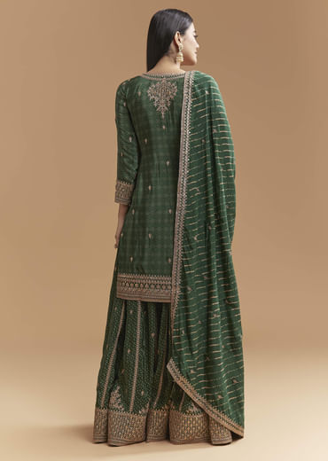 Green Crepe Palazzo Suit With Hand Embroidery And Bandhani Print
