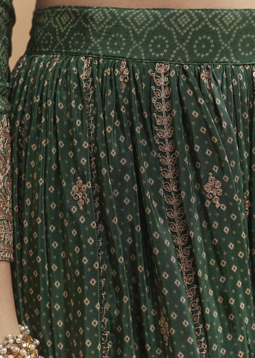 Green Crepe Palazzo Suit With Hand Embroidery And Bandhani Print