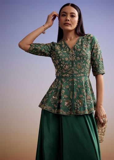 Green Crepe Peplum Crop Top And Palazzo Set With Zardosi Work
