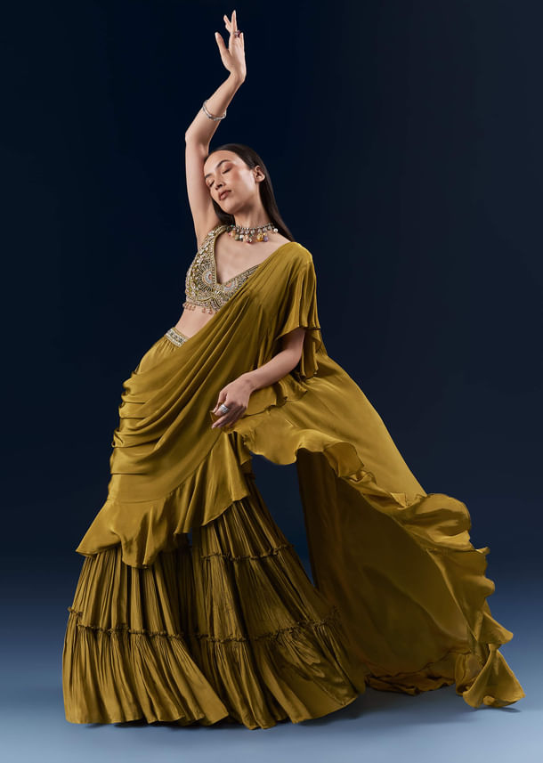 Green Crepe Ready Pleated Saree With Heavy Hand Embroidery Green Crepe Ready Pleated Saree With Heavy Hand Embroidery