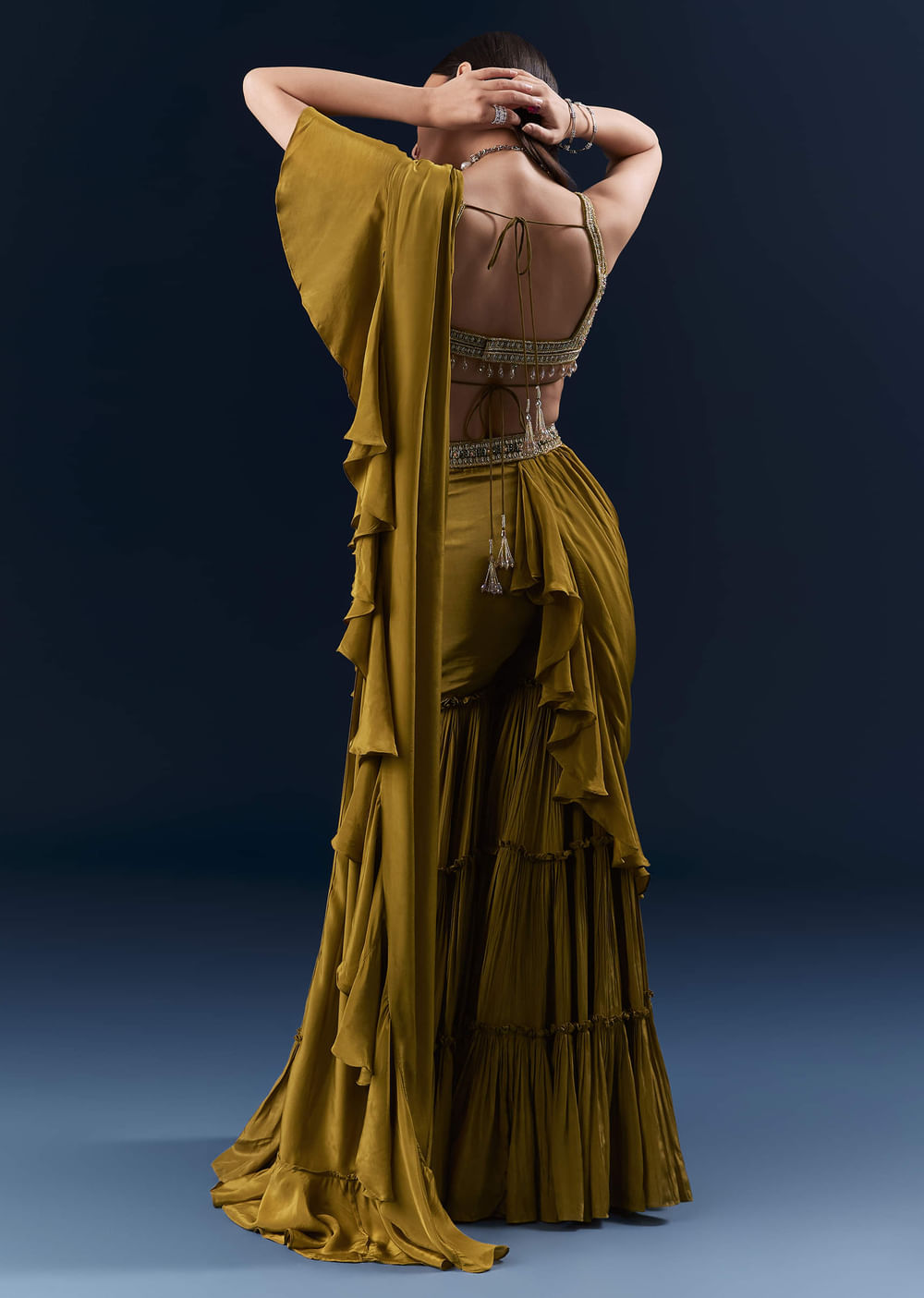 Green Crepe Ready Pleated Saree With Heavy Hand Embroidery