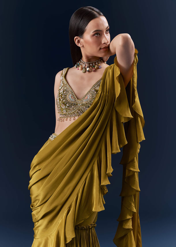 Green Crepe Ready Pleated Saree With Heavy Hand Embroidery Green Crepe Ready Pleated Saree With Heavy Hand Embroidery