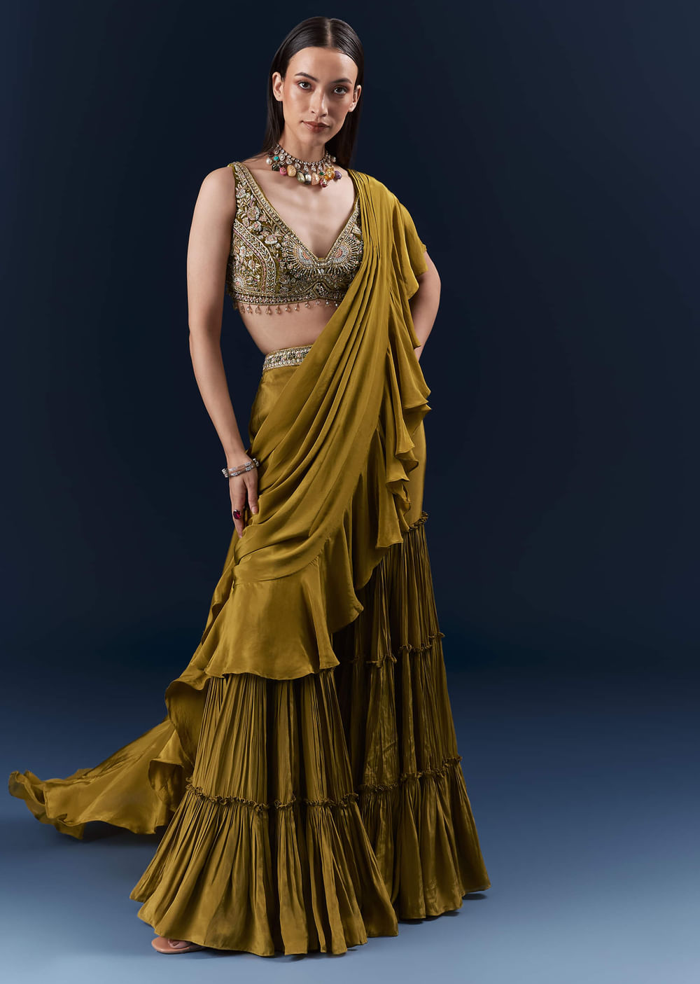 Green Crepe Ready Pleated Saree With Heavy Hand Embroidery