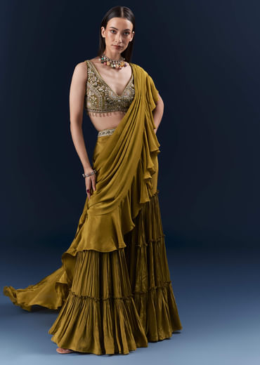 Green Crepe Ready Pleated Saree With Heavy Hand Embroidery Green Crepe Ready Pleated Saree With Heavy Hand Embroidery