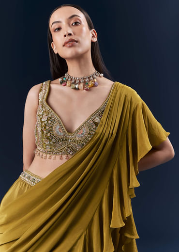Green Crepe Ready Pleated Saree With Heavy Hand Embroidery Green Crepe Ready Pleated Saree With Heavy Hand Embroidery