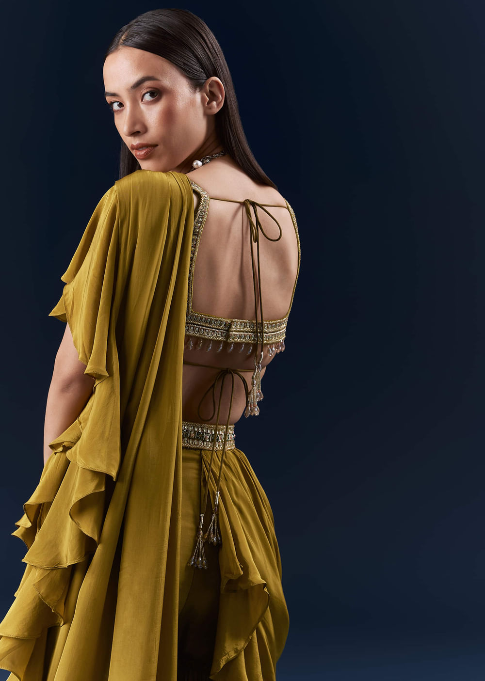 Green Crepe Ready Pleated Saree With Heavy Hand Embroidery