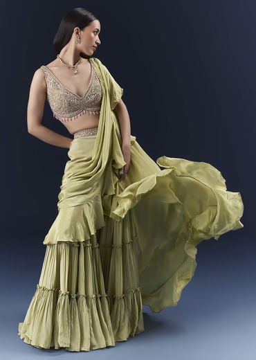 Green Crepe Ready Pleated Saree With Intricate Embroidery
