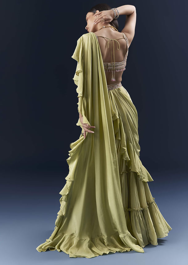 Green Crepe Ready Pleated Saree With Intricate Embroidery Green Crepe Ready Pleated Saree With Intricate Embroidery