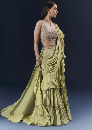 Green Crepe Ready Pleated Saree With Intricate Embroidery