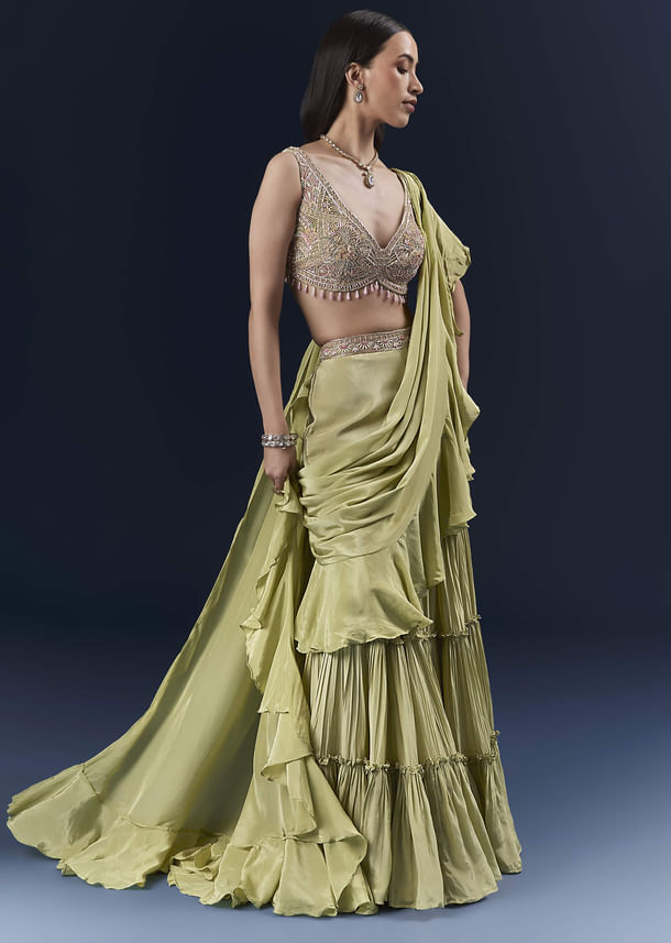 Green Crepe Ready Pleated Saree With Intricate Embroidery Green Crepe Ready Pleated Saree With Intricate Embroidery