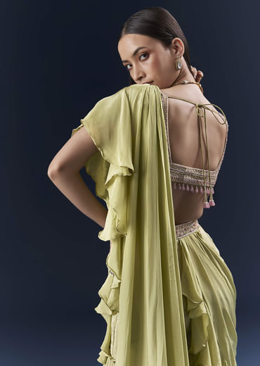 Green Crepe Ready Pleated Saree With Intricate Embroidery