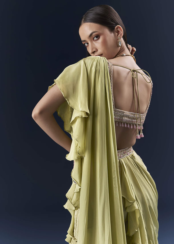 Green Crepe Ready Pleated Saree With Intricate Embroidery Green Crepe Ready Pleated Saree With Intricate Embroidery