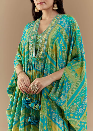 Green Crop Top Palazzo Set with Printed Cape