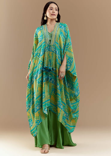 Green Crop Top Palazzo Set with Printed Cape