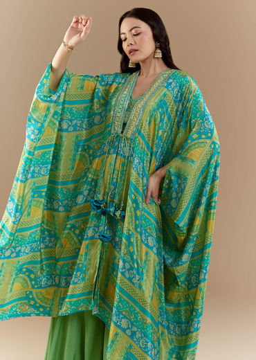 Green Crop Top Palazzo Set with Printed Cape