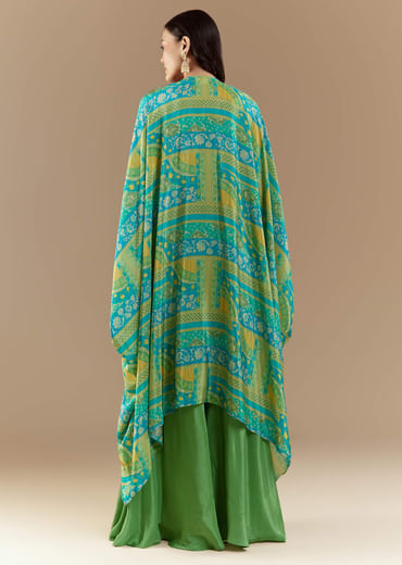Green Crop Top Palazzo Set with Printed Cape