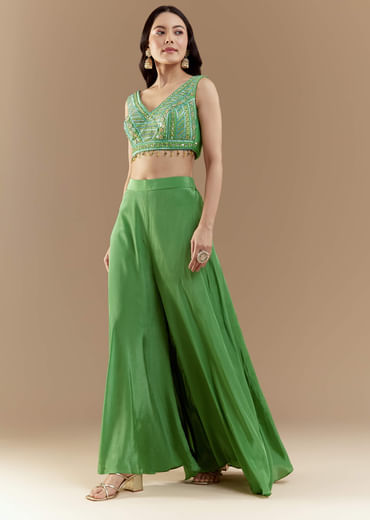 Green Crop Top Palazzo Set with Printed Cape