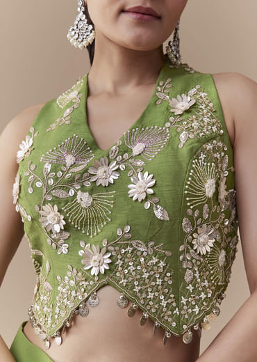 Green Crop Top Silk Palazzo Set with Sequin Work