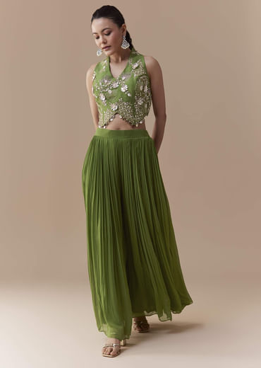 Green Crop Top Silk Palazzo Set with Sequin Work