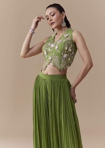 Green Crop Top Silk Palazzo Set with Sequin Work