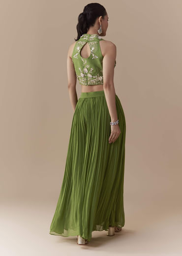 Green Crop Top Silk Palazzo Set with Sequin Work