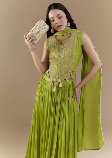 Green Crop Top Skirt Set with Zardozi Work