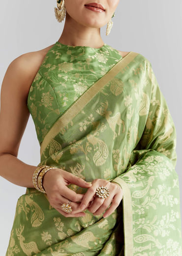 Green Dola Silk Woven Saree With Zari Motif Embroidery