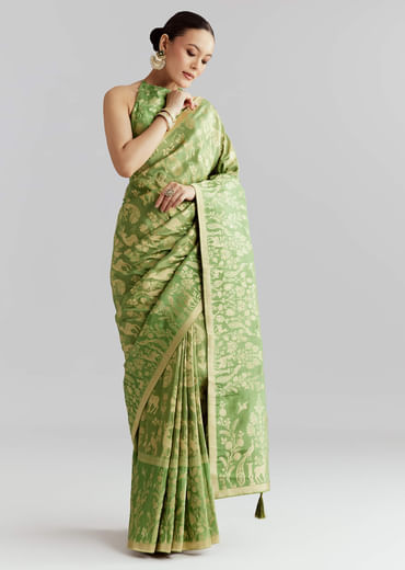 Green Dola Silk Woven Saree With Zari Motif Embroidery