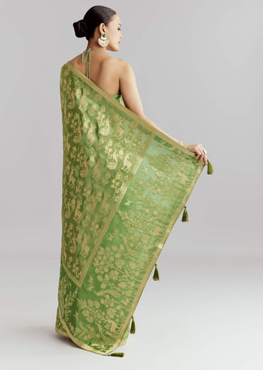 Green Dola Silk Woven Saree With Zari Motif Embroidery