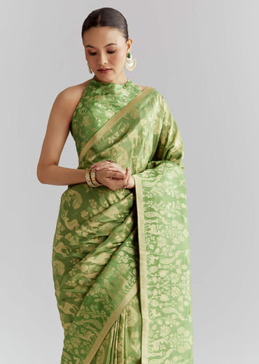 Green Dola Silk Woven Saree With Zari Motif Embroidery