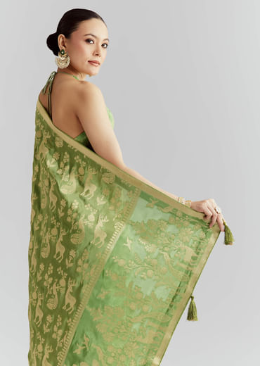 Green Dola Silk Woven Saree With Zari Motif Embroidery