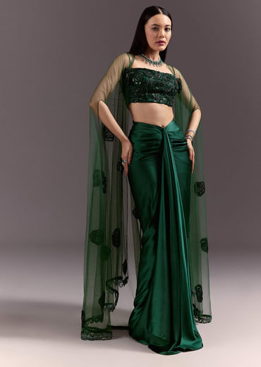 Green Drape Skirt Patched Jacket Set With Square Neck Blouse