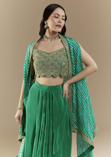 Green Embellished Crop Top Skirt Set with Leheriya Cape