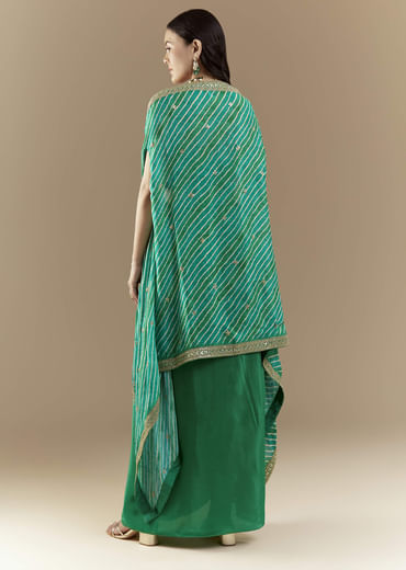 Green Embellished Crop Top Skirt Set with Leheriya Cape