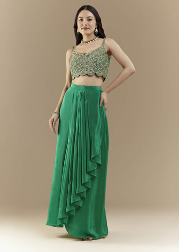 Green Embellished Crop Top Skirt Set with Leheriya Cape